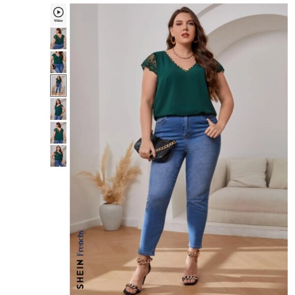 French Style Plus Size Embroidered Mesh V Neck Blouse, Dark Green, 2X / 3X - Picture 4 of 8